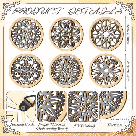 Ferraycle 6 Pieces Thicken Rustic Wall Decor Farmhouse Wall Art Decor Wooden Round Wall Art Rustic Hollow Carved Wall Art for Living Room Bedroom Kitchen Decor Small Size 9.8" x 9.8" (Wood Color) Ferraycle