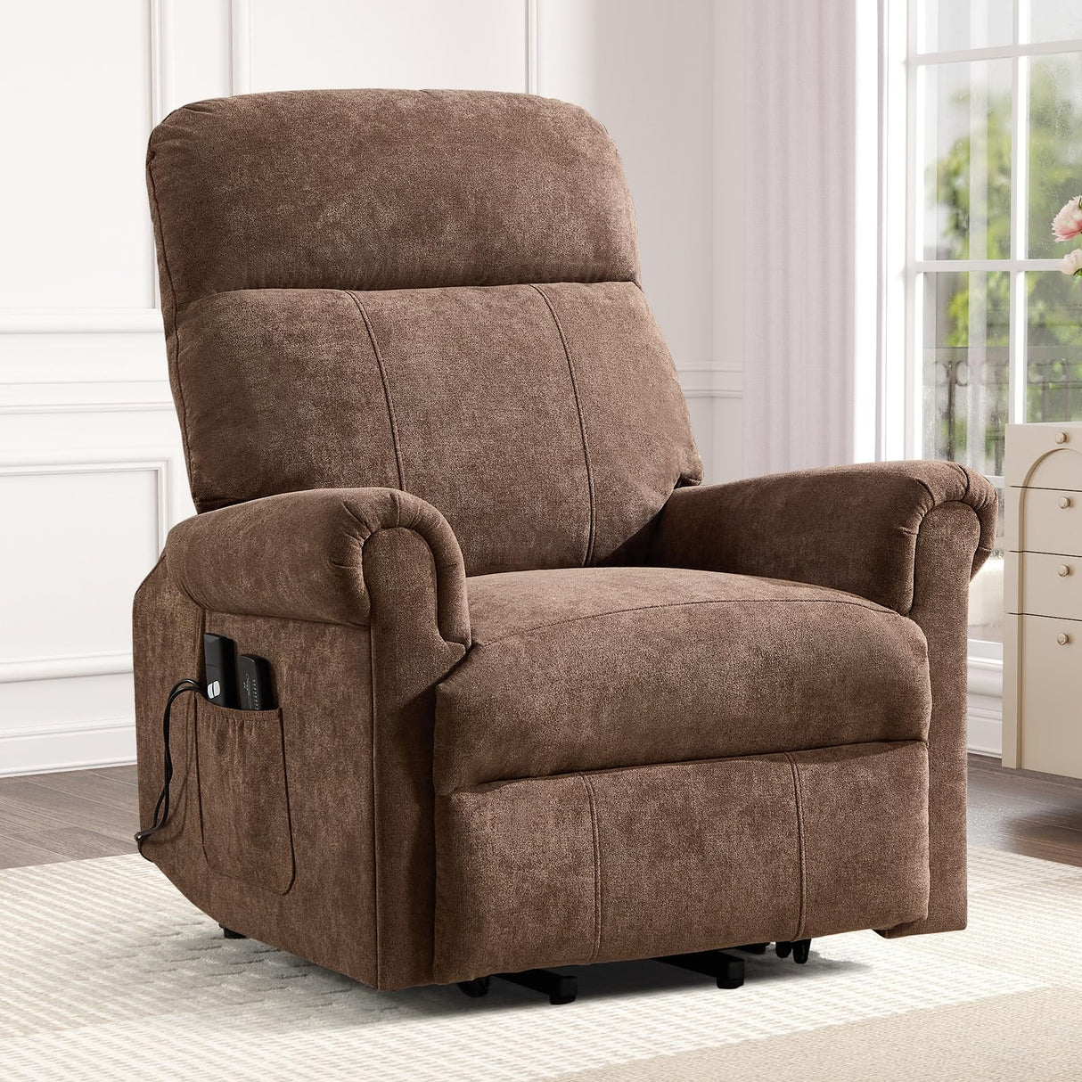 HAOMARKETS Power Lift Recliner Chair with Massage and Heat for Elderly, Electric Recliners with Remote Control,Soft Fabric Upholstered Reclining SingeSofa with Side Pocket for Living Room, Brown HAOMARKETS