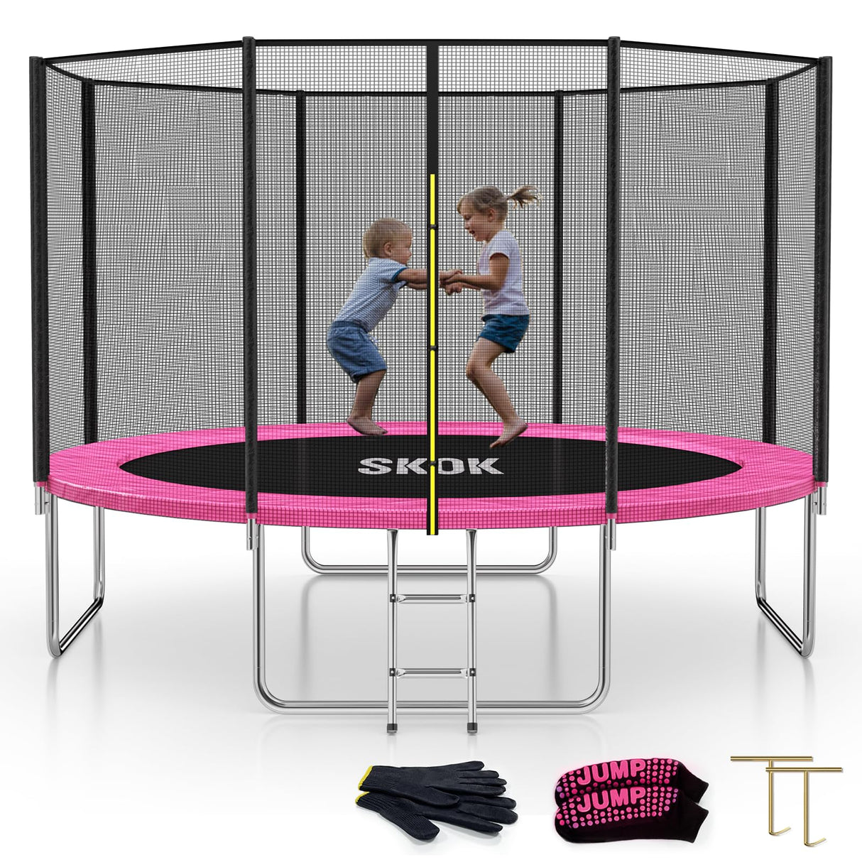 SKOK Trampoline 12FT Trampolines with Enclosure Net, 400LBS Outdoor Trampolines for Kids -ASTM Approved Pink Trampoline for Children and Adults with Jump Mat,Cover & Ladder SKOK