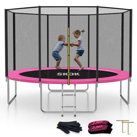 SKOK Trampoline 12FT Trampolines with Enclosure Net, 400LBS Outdoor Trampolines for Kids -ASTM Approved Pink Trampoline for Children and Adults with Jump Mat,Cover & Ladder SKOK