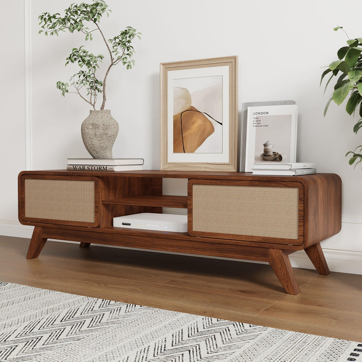 AVZEAR Mid Century Modern TV Stand for TVs up to 65'', Farmhouse Entertainment Center with Storage, TV Cabinet Table with Nature Linen Doors, Media Console TV Consoles for Living Room Bedroom (Walnut) AVZEAR