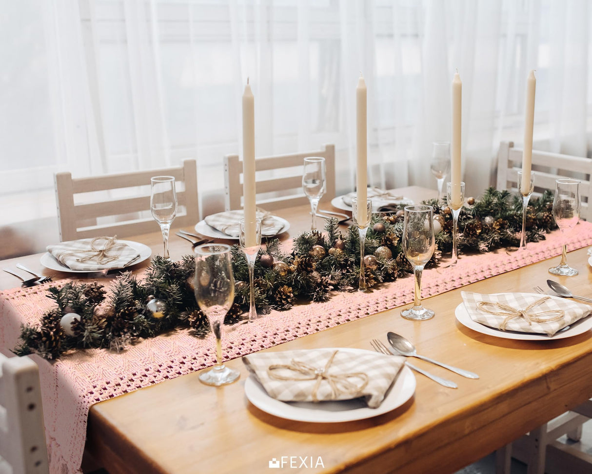 FEXIA Pink Table Runner 72 Inches Long Boho Macrame Table Runner for Summer Pink Room Decor Farmhouse Table Runner with Tassels for Dining Bedroom Decor Rustic Bridal Shower (12x72 Inches) FEXIA