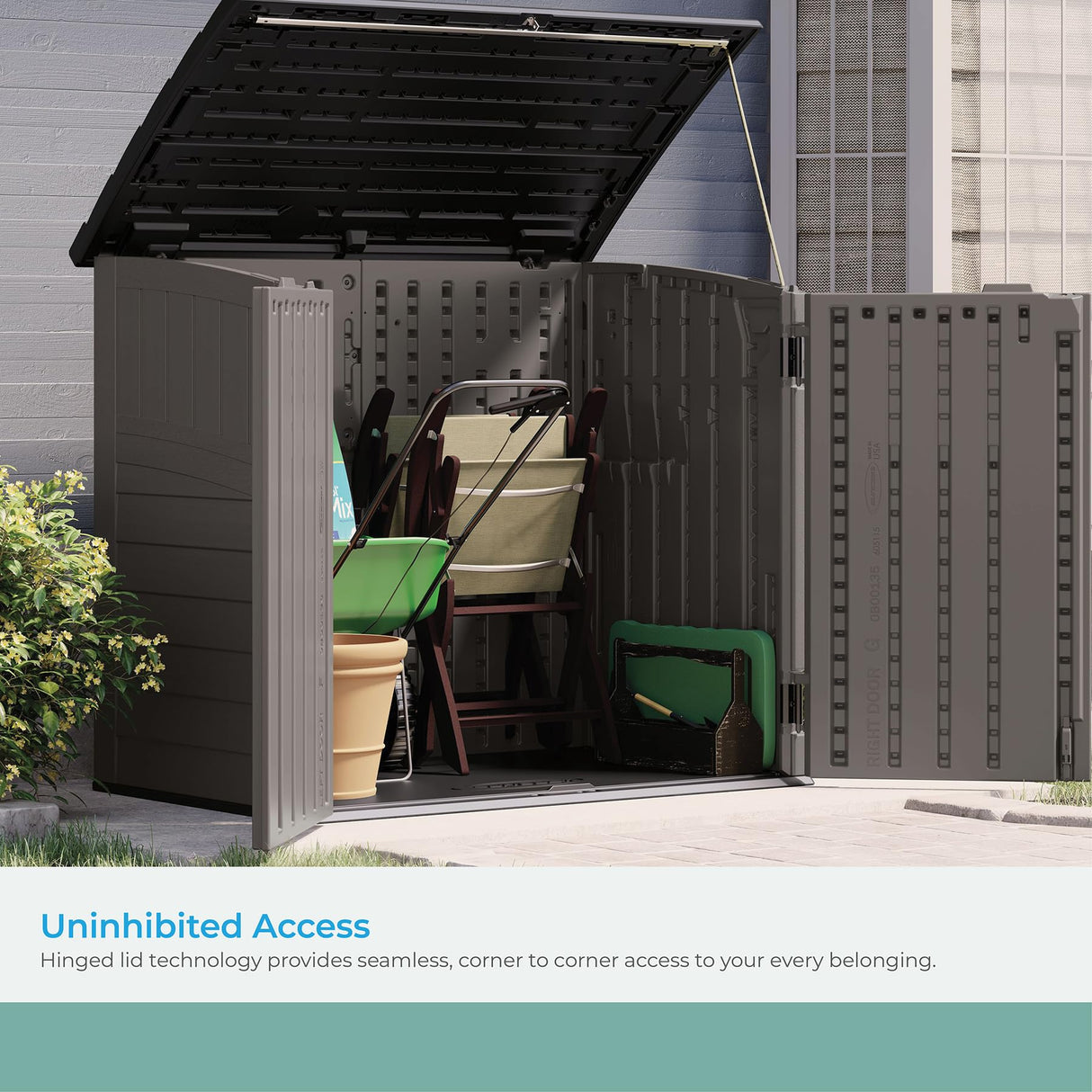 Suncast Modernist 4' x 2.5' Lockable Outdoor Garden Resin Low Profile Horizontal Storage Shed with 3 Doors, 34 Cubic Feet, Gray Suncast