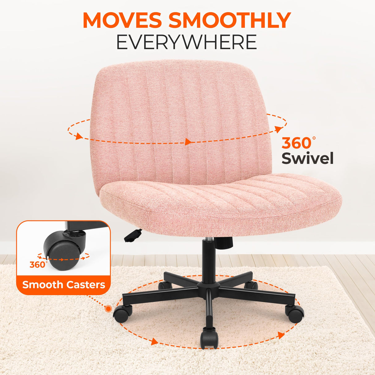 Orange Factory Criss Cross Chair with Wheels, Armless Cross Legged Office Desk Chair, Wide Comfy Vanity Rolling Swivel Modern Comfortable Fabric Computer Task Chairs for Home Office (Pink) Orange Factory