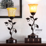 Touch Control Table Lamp with 2 USB Charging Ports, 3-Way Dimmable Bedside Nightstand Lamps, Amber Glass Shade Vintage Rural Leaf Lamp for Living Room, Bedroom, Dresser, LED Bulb Included (Bronze) RORIANO