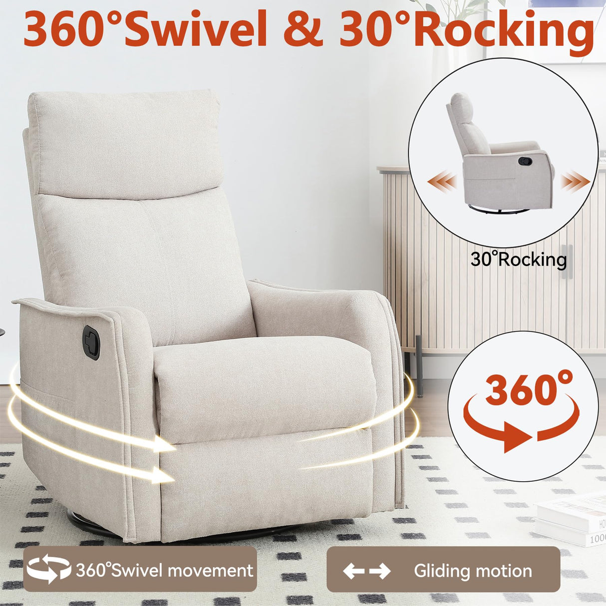 Massage Chair Recliner with Heat, Swivel Rocking Chair Recliner with High Back, Manual Lazy Boy Recliners for Adults,Small Recliner Chair for Small Spaces, Living Room Bedroom, Fabric (Beige) Thctvous
