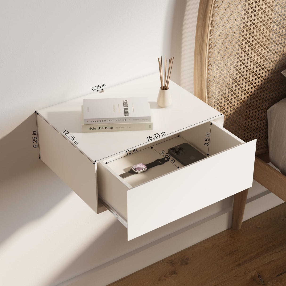 Lumivara Aeris Floating White Modern Nightstand with Storage Drawer, Minimalist Scandinavian, Made with Natural Pine Wood, Wall Mounted Bedside End Table for Bedroom and Living Room Lumivara