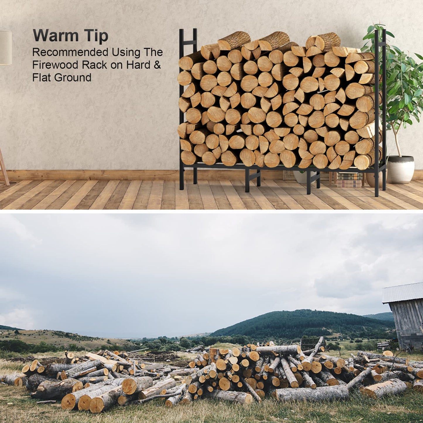 4ft Outdoor Indoor Firewood Rack Holder for Fireplace Wood Storage, Adjustable Stacker Stand, Heavy Duty Fire Logs Stand Stacker Holder for Fireplace Metal Lumber Storage Carrier Organizer