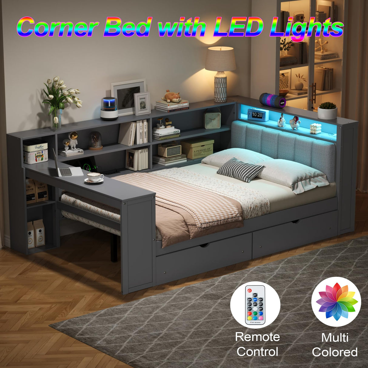 Full Size Corner Bed Frame with Storage Drawers and Desk,Captain Daybed with L-Shaped Bookcase and LED Lights,Corner Bed Full Size with Charging Station for Kids,Teens,Adults,Gray Bellemave
