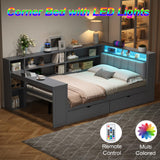 Full Size Corner Bed Frame with Storage Drawers and Desk,Captain Daybed with L-Shaped Bookcase and LED Lights,Corner Bed Full Size with Charging Station for Kids,Teens,Adults,Gray Bellemave
