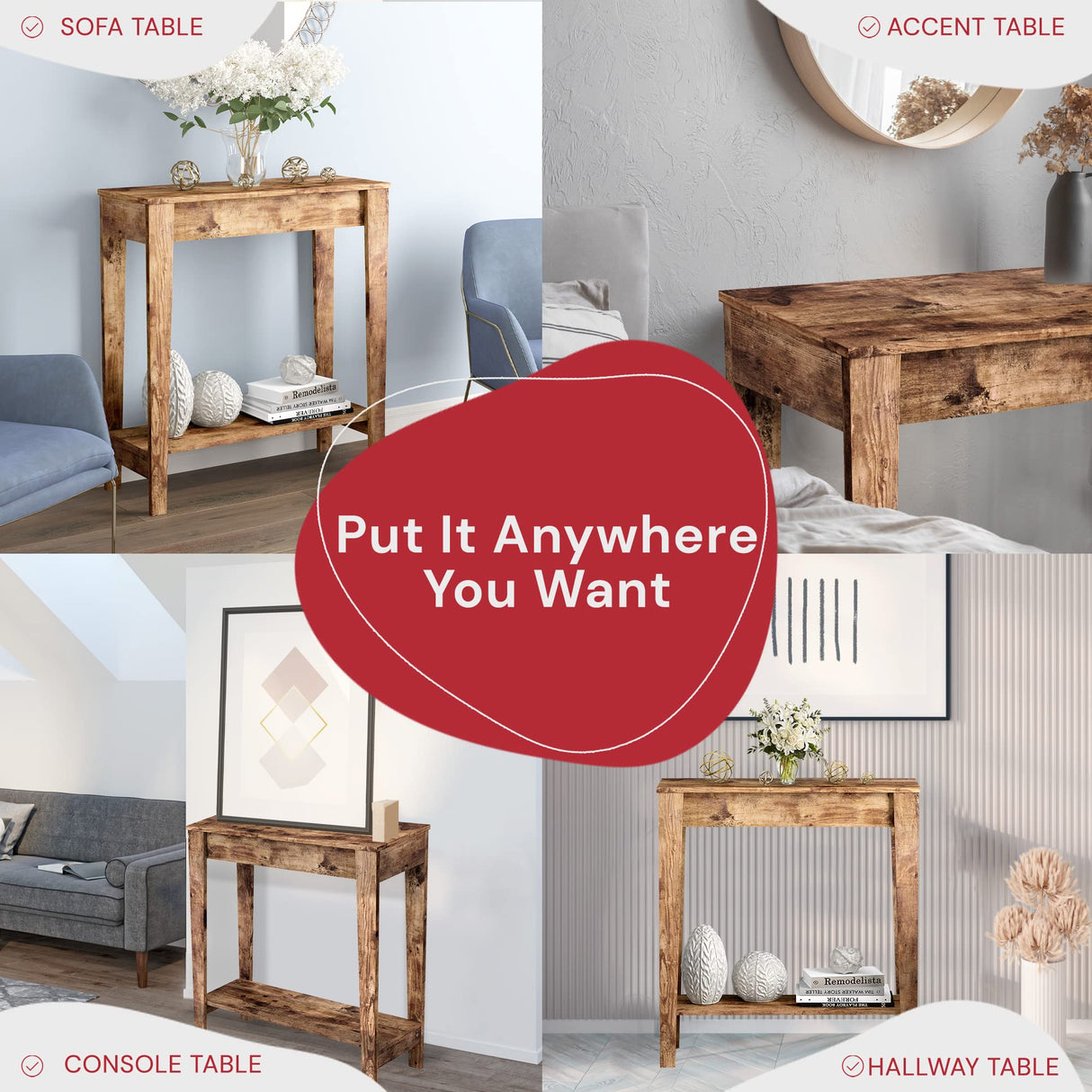 Safdie & Co Rustic Farmhouse Entry Table, Brown Solid Wood Console Table, Use As Doorway Table, Hallway Desk, or Accent Furniture for Decorating Safdie