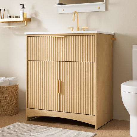 Amada 30″ Bathroom Vanity with Ceramic Sink, Modern Undermount Vanity Sink Cabinet with 2 Doors and 1 Drawer, Fluted Free Standing Bathroom Storage Cabinet with Sink Combo Set, Natural Oak AMADA HOMEFURNISHING