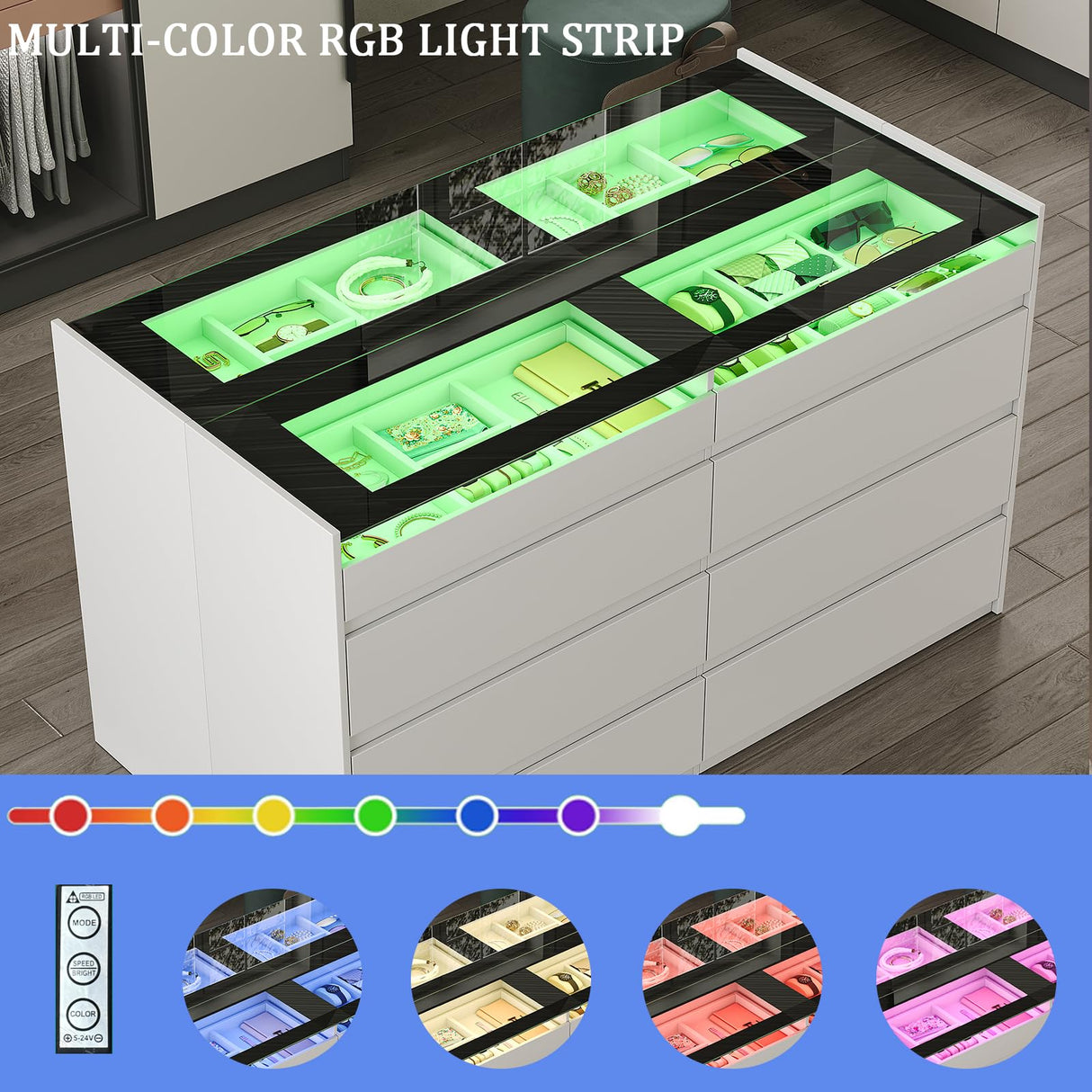 LIVAUVEAD Closet Island with Drawers, 16 Drawers Wardrobe Closet with Glass Top and LED Light，White Island Dresser with Jewelry Organizer for Bedroom & Cloakroom LIVAUVEAD