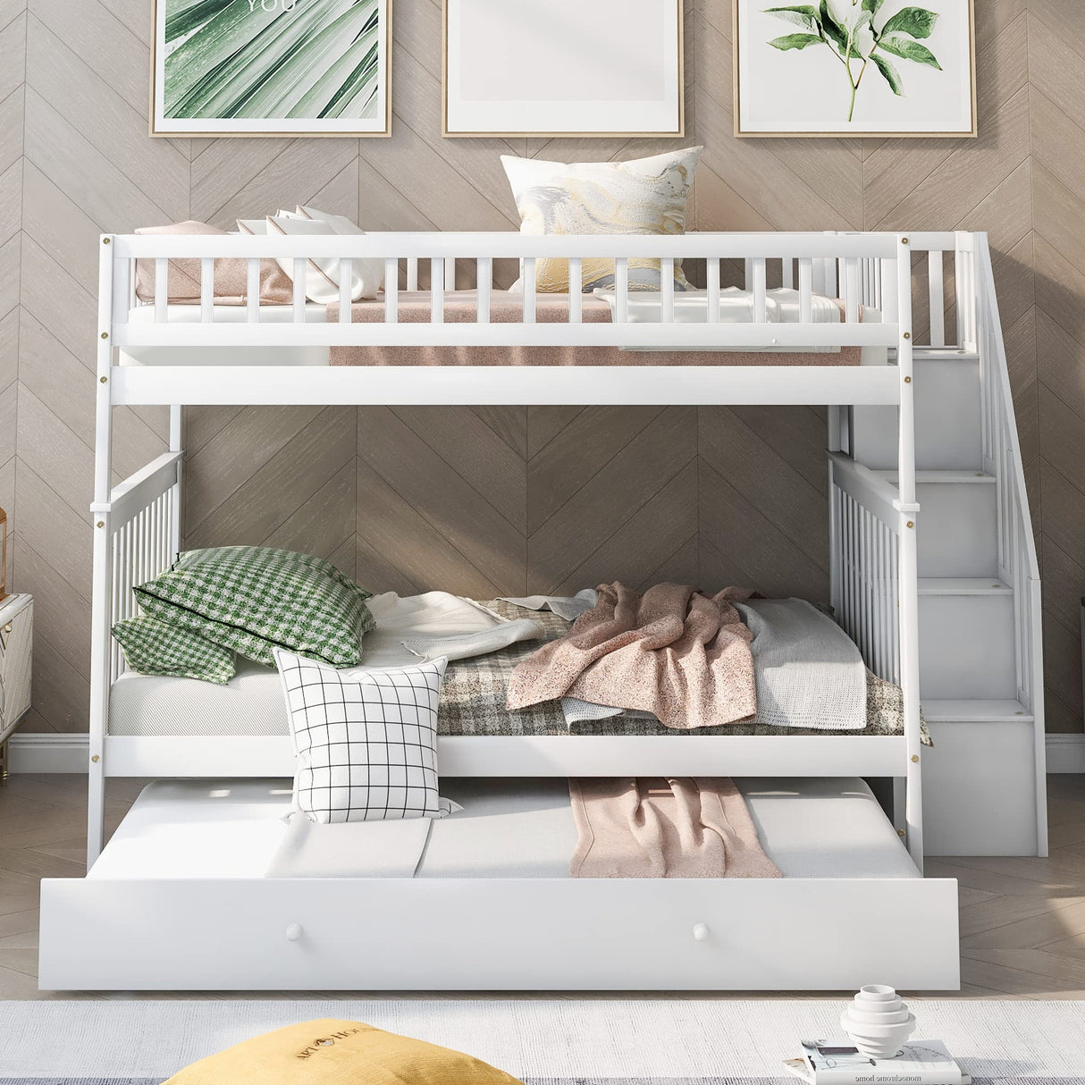 Harper & Bright Designs Full Over Full Bunk Bed with Trundle, Wooden Bunk Bed with Staircase, for Kids Teens Adults (White) Harper & Bright Designs