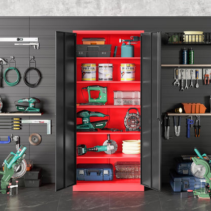 Garage Storage Cabinet with 5 Adjustable Shelves,Metal Storage Cabinet with Lock,Red Black Metal Cabinet with Locking Doors,Steel Cabinet,71" Lockable Storage Cabinet for Home,Office,Garage Cabinets