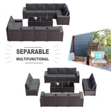 Kullavik Outdoor Patio Furniture Set,12 Pieces Sectional Rattan Sofa Set Brown PE Rattan Wicker Patio Conversation Set with 10 Seat Cushions and 2 Tempered Glass Coffee Table,Grey Kullavik