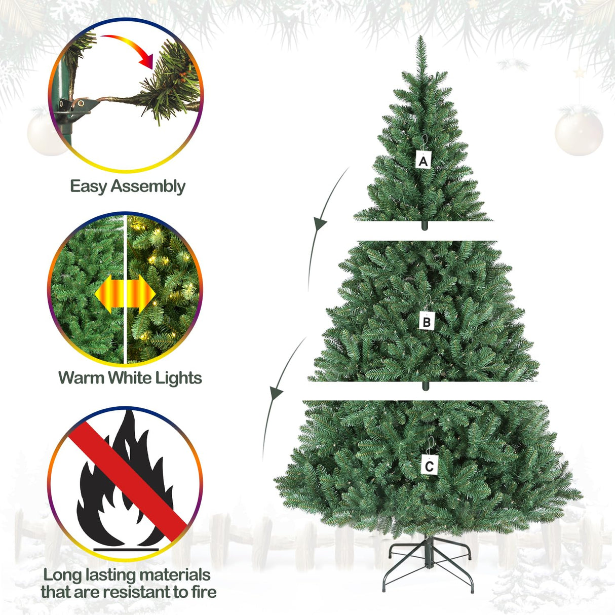 Hykolity 6 ft Prelit Christmas Tree, Artificial Christmas Tree with 250 Warm White Lights, 1032 Tips, Metal Stand and Hinged Branches hykolity