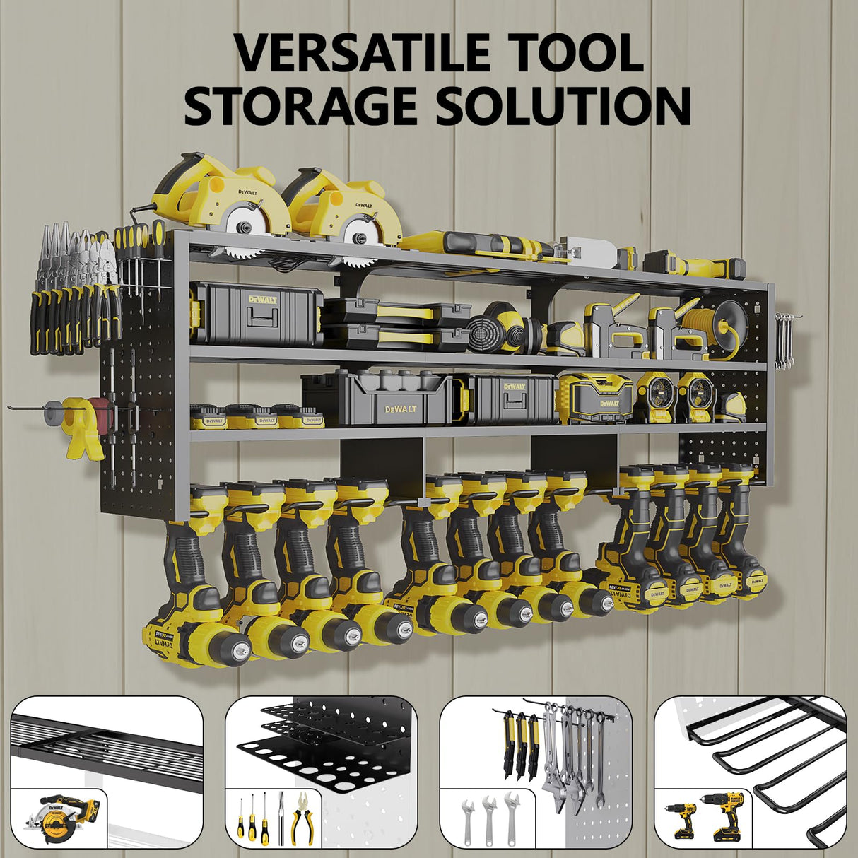 RacKeaLsi 49" W Large Power Tool Organizer Wall Mount, 4 Layer Heavy Duty Metal Tool Storage Rack with 12 Drills Holder, Utility Racks for Garage Workshop, Ideal Garage Organization RacKeaLsi