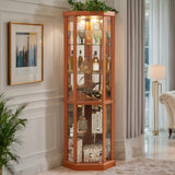 CKEASEAN Corner Curio Cabinet, 70" H Lighted Glass Display Cage with Tempered Glass Doors and 5 Adjustable Shelves, Light Bulb Inclued, Wine Bar China Cabinet for Living Room (Dark Oak) CKEASEAN