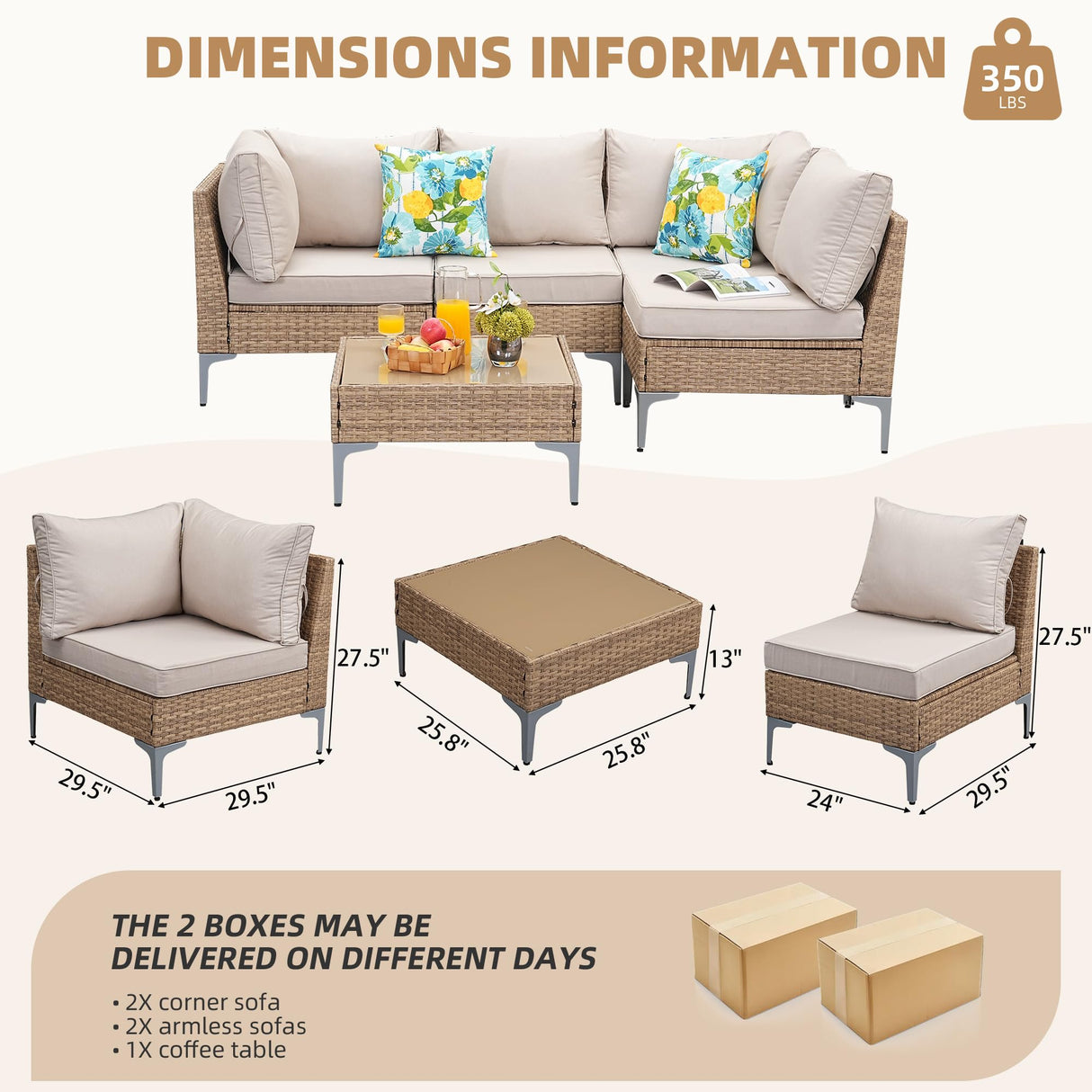 Jing's Villa 5-Piece Outdoor Patio Furniture Set,Rattan Conversation Sectional Sofa w/Coffee Table, All-Weather Patio Conversation Set with Thick and Anti-Slip Cushions for Backyard,Deck,Porch,Beige Jing's Villa