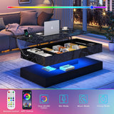 chartustriable 47.2" Large Lift Top Coffee Table with Charging Station, LED Modern High Glossy Center Table with Hidden Compartment Storage, White Lift Living Room Tables with Marbling Print, Black chartustriable