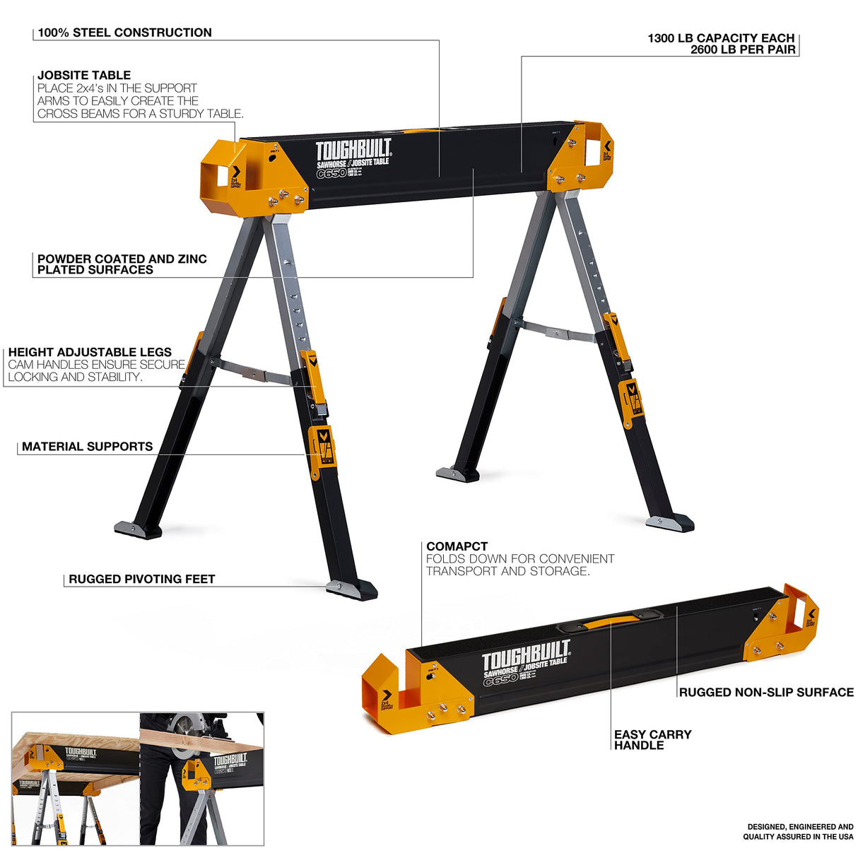 ToughBuilt - Folding Sawhorse/Jobsite Table - Sturdy, Durable, Lightweight, Heavy-Duty, 100% High Grade Steel, 1300lb Capacity, Pivoting Feet, Adjustable Height Legs - (TB-C650) - 2 Pack ToughBuilt