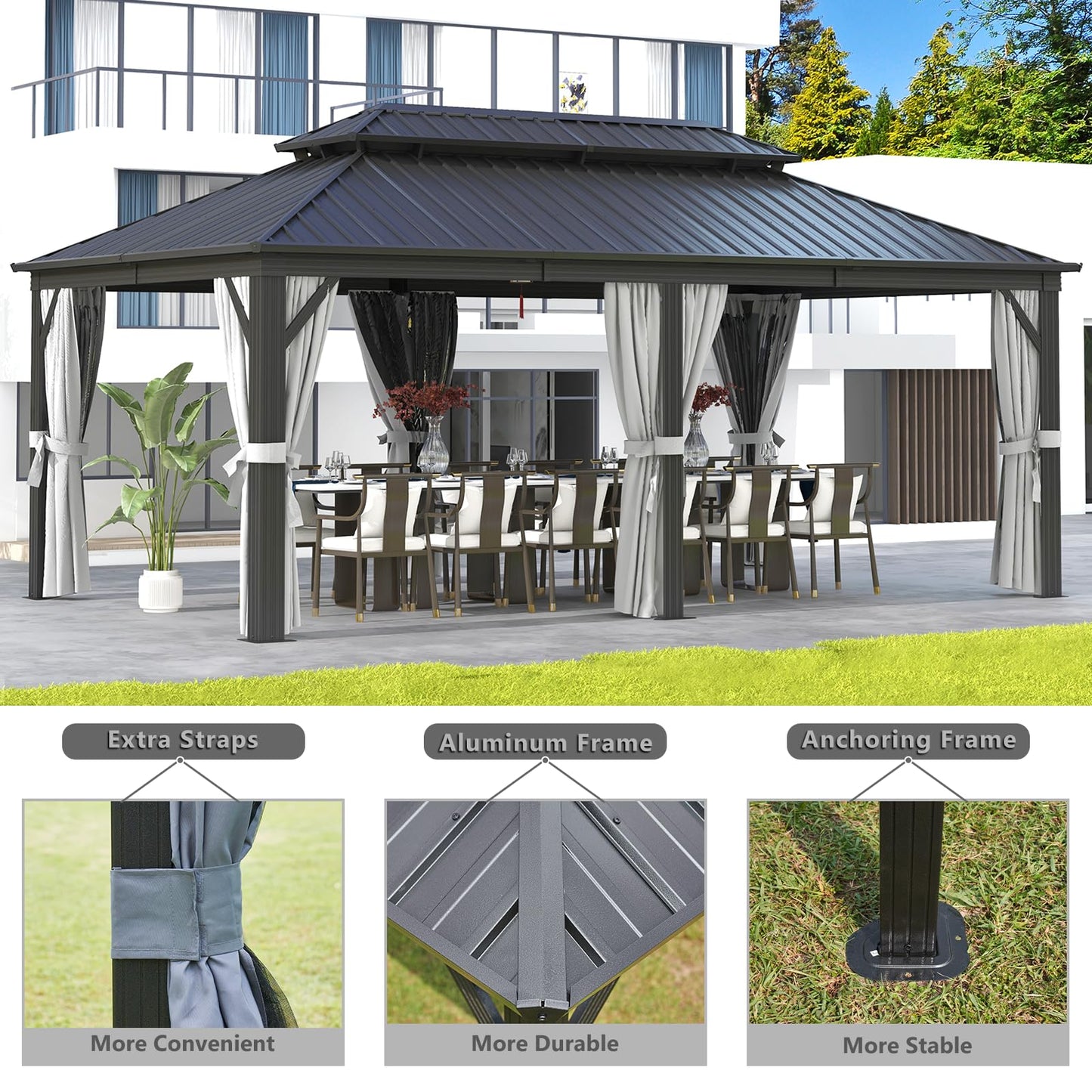 Aoxun Hardtop Gazebo 12FT X 20FT, Galvanized Steel Double Top, Aluminum Metal Gazebo with Netting and Curtains, Permanent Gazebo Pavilion for Outdoor Dining, Wedding, Party