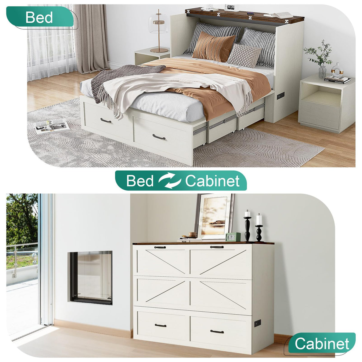 Hlivelood Queen Size Murphy Chest Bed with Drawer and Charging Station, Farmhouse Wood Space-Saving Hidden Folding Bed Chest, Multifunctional Storage Cabinet Beds for Bedroom, Office, Rustic White Hlivelood