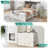 Hlivelood Queen Size Murphy Chest Bed with Drawer and Charging Station, Farmhouse Wood Space-Saving Hidden Folding Bed Chest, Multifunctional Storage Cabinet Beds for Bedroom, Office, Rustic White Hlivelood