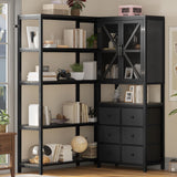 HAUOMS Corner Bookshelf, 5 Tier Industrial Convertible Bookshelf with 6 Fabric Drawers, Corner Bookcase Large L Shaped Storage Display Shelf for Home Office, Living Room, Kitchen, Black HAUOMS