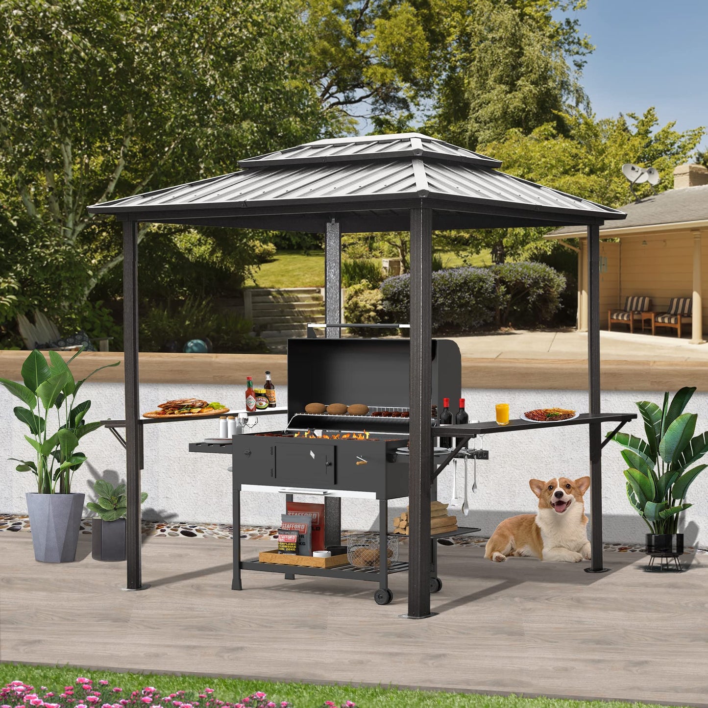 Domi Grill Gazebo 8' × 6', Outdoor Aluminum Frame BBQ Gazebo with Shelves Serving Tables and Hooks, Permanent Double Roof Gazebos for Patio Lawn Deck Garden (Dark Grey)