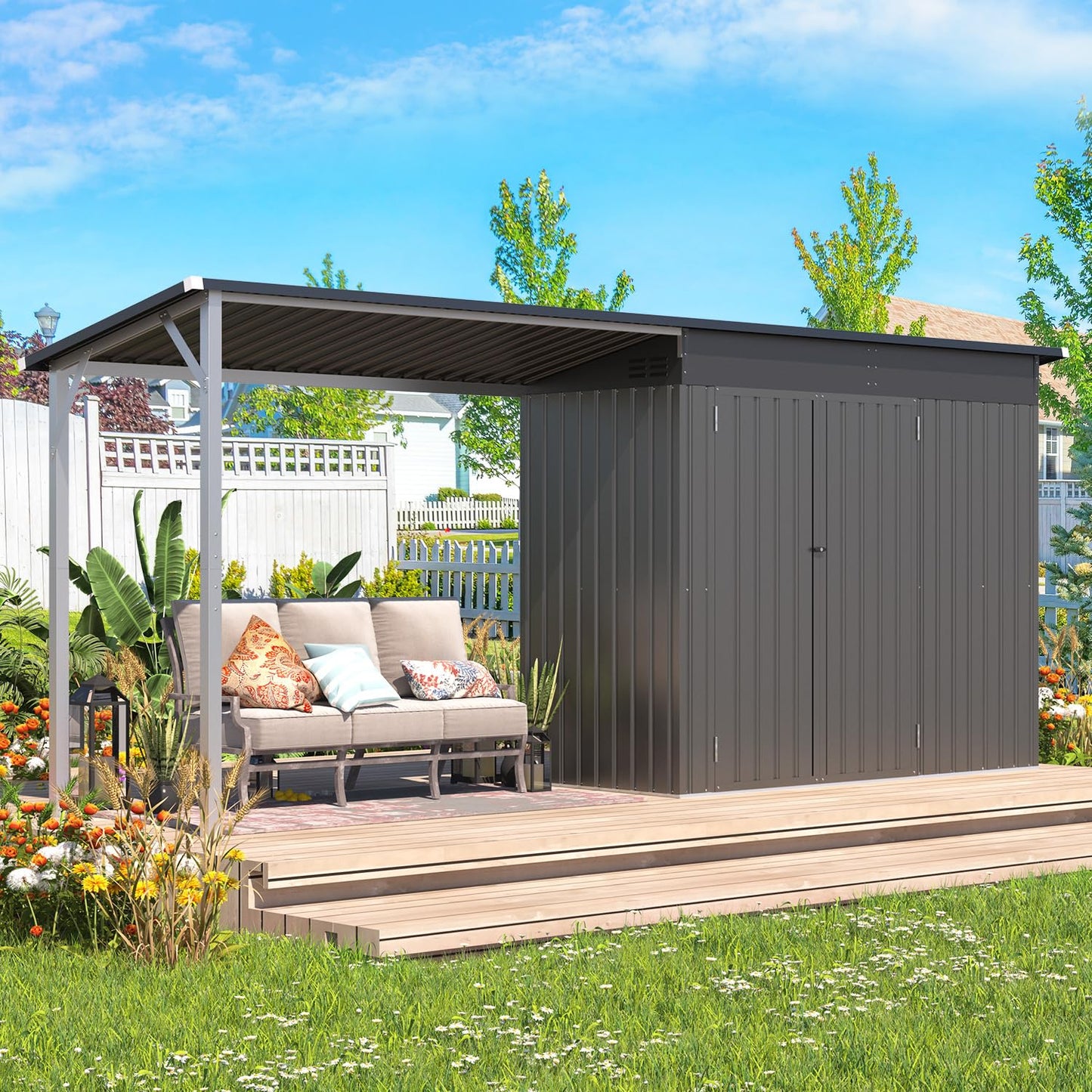 AECOJOY Outdoor Open-Sided Storage Shed, 6'x4' Sheds & Outdoor Storage with 24 Sq. Ft Covered, 4x8 FT Small 2-in-1 Tool Shed with Attached Hardtop Metal Pergola Gazebo