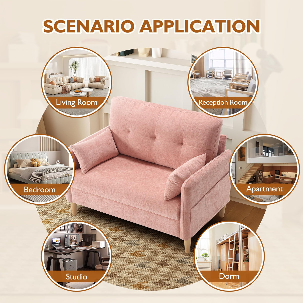 Urhanherry 47" Small Sofa Couch for Bedroom, Soft Chenille loveseat Mini Couch with Throw Pillow and Removable Cushion Cover for Small Spaces, Living Room, Apartment, Dorm, Office(Pink) Urhanherry