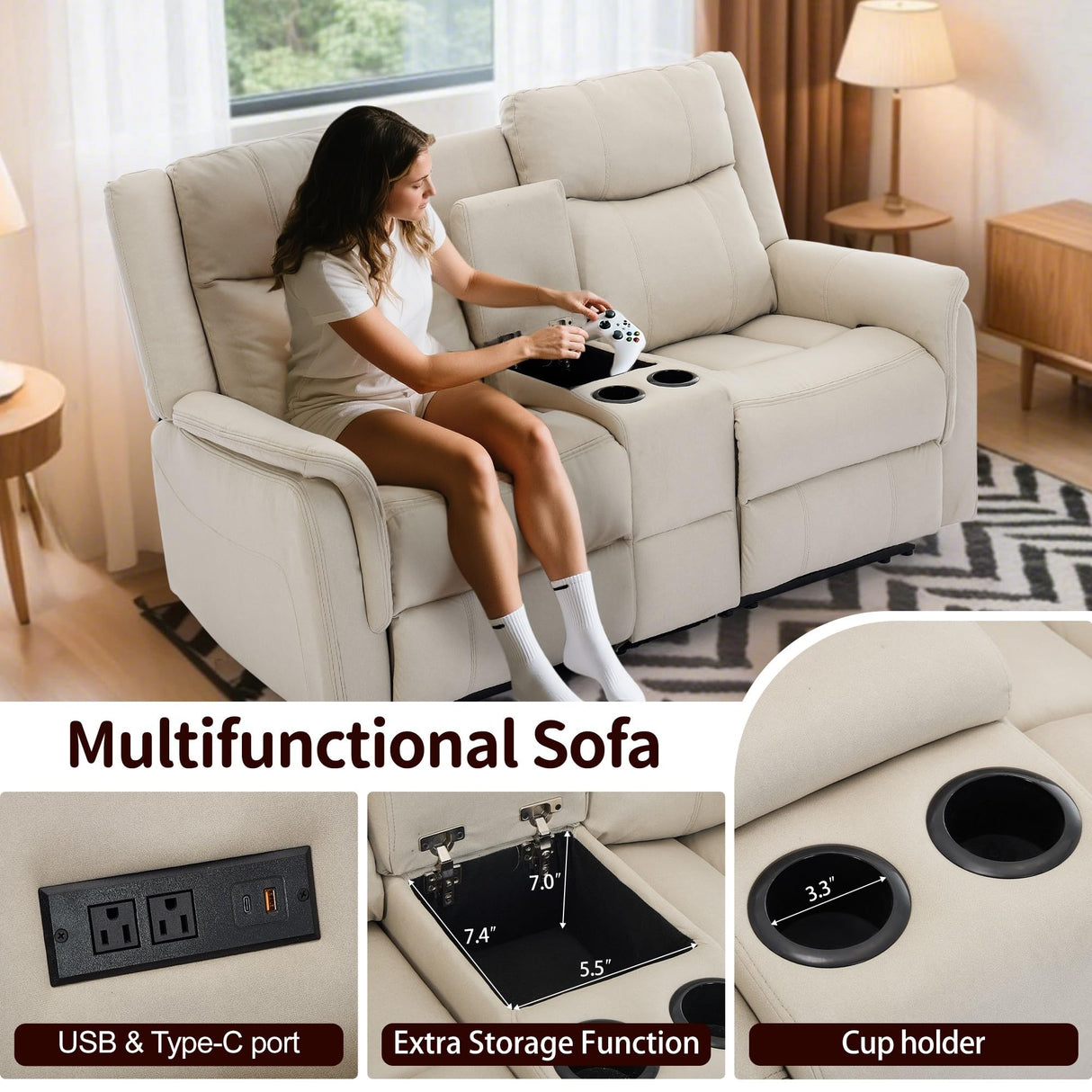 Korser Loveseat Recliner Sofa, Reclining Loveseat Couch with Manual Pull Tab, Reclining Couch with Console, USB Port, US Outlets, and Cup Holders, 2-Seater Performance Fabric Sofa for Living Room, RVs Korser