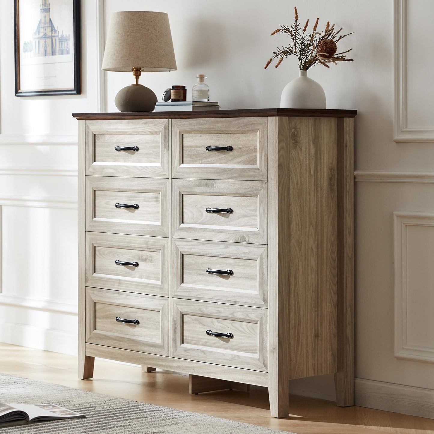 LINSY HOME Dresser for Bedroom, 8 Drawer Dresser with Metal Handles, White Chest of Drawers for Living Room, Entryway and Hallway, White Beige - WoodArtSupply