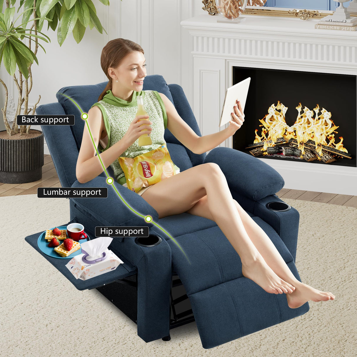 Power Recliner Chair Nursery Reclining Sofa Chair for Adults, Upholstered Heating Point Massage Theater Seating Single Sofa with Side Pockets Sidetable for Living Room-Blue Alunaune