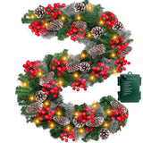 Auto Timer & 8 Modes 9Ft by 10 Inch 50 LED Prelit Christmas Garland Decorations Warm Lights Thick 270 Lifelike Snowy Tips 70 Red Berries 10 Pinecones Xmas Garland Fireplace Door Stairs Home Outdoor Camlinbo