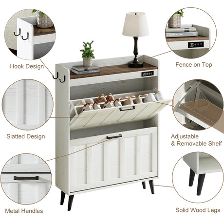 ChooChoo Shoe Storage Cabinet with 2 Flip Drawers, Deodorizing Shoe Organizer Storage for Entryway, Freestanding Hidden Slim Narrow Shoe Rack Cabinet, Antique White & Brown ChooChoo