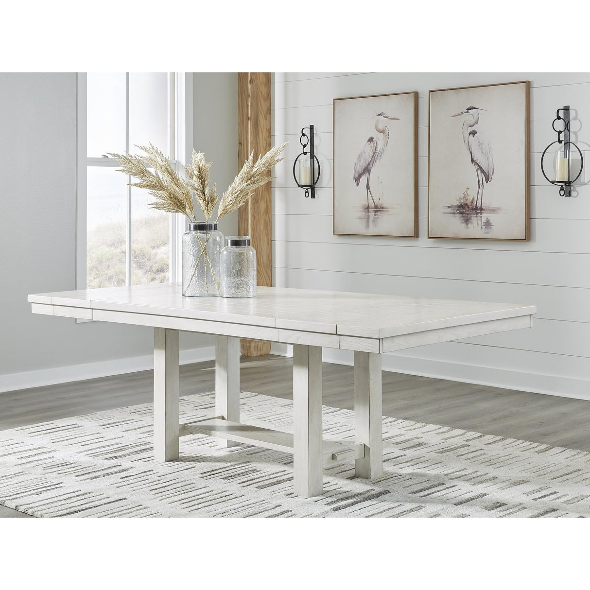 Signature Design by Ashley Robbinsdale Transitional Dining Extension Table with Removable Leaf & Trestle Base, White Signature Design by Ashley