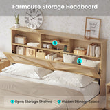 AOGLLATI Queen Bed Frame with 4 Storage Drawers and 2-Tier Bookcase Hidden Headboard, Rattan Led Bed Frame Queen Size with Charging Station, No Box Spring Needed, Wood AOGLLATI