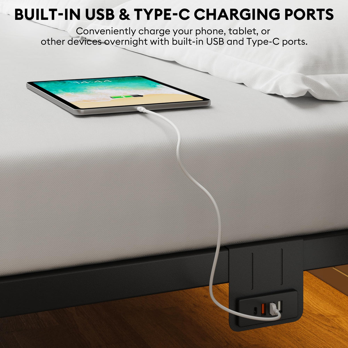 Queen Size Bed Frame with Headboard - Metal Platform Bed with LED Lights, Charging Station, Under Bed Storage and Heavy Duty Steel Slats Support - No Box Spring Needed, Easy Assembly, Black BedNZZZ