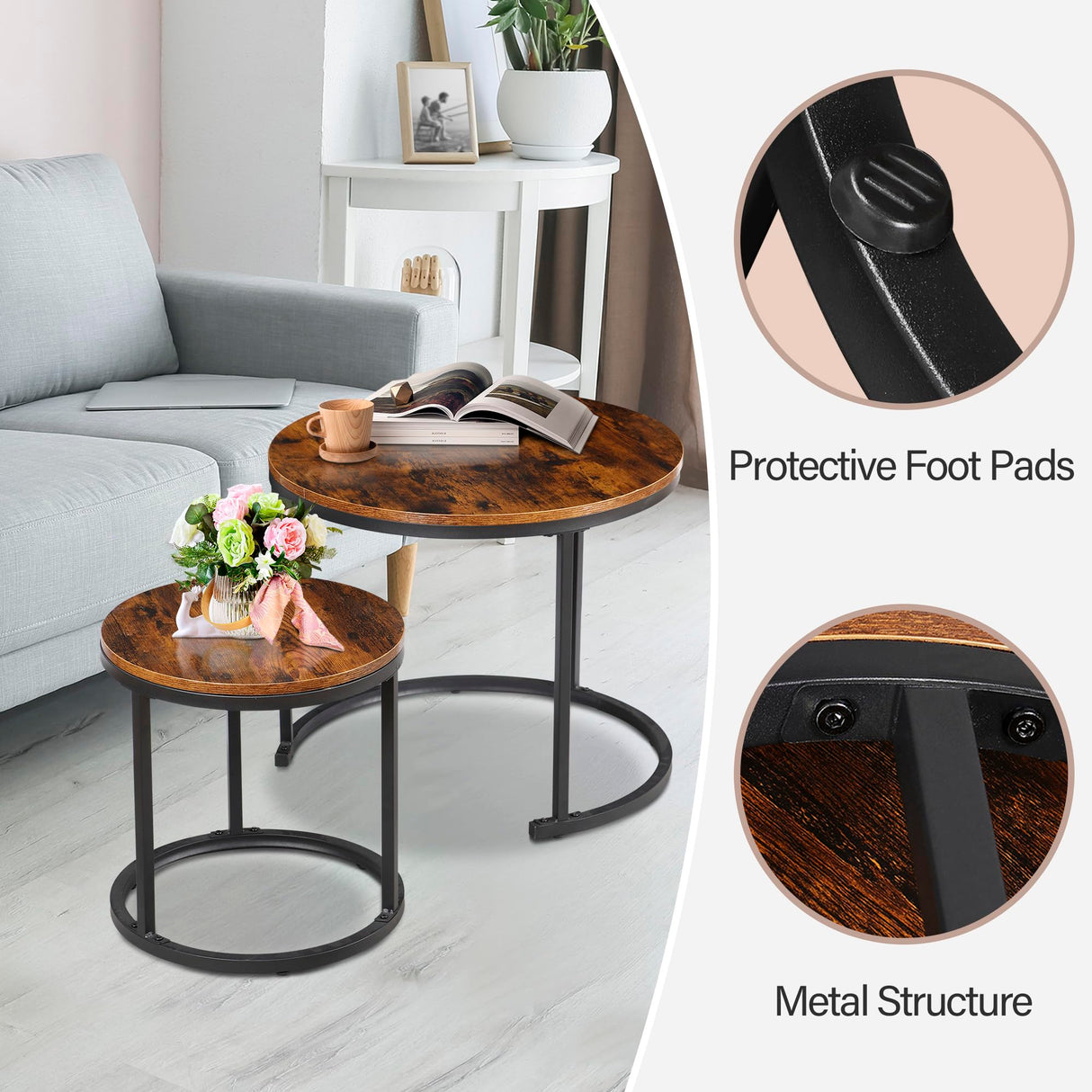 ZENY Nesting Coffee Table Set of 2, 23.6inch Round Coffee Table Wood Grain Top with Sturdy Metal Frame, Industrial End Table Side Tables for Living Room Bedroom Balcony Yard, Rustic Brown ZENY