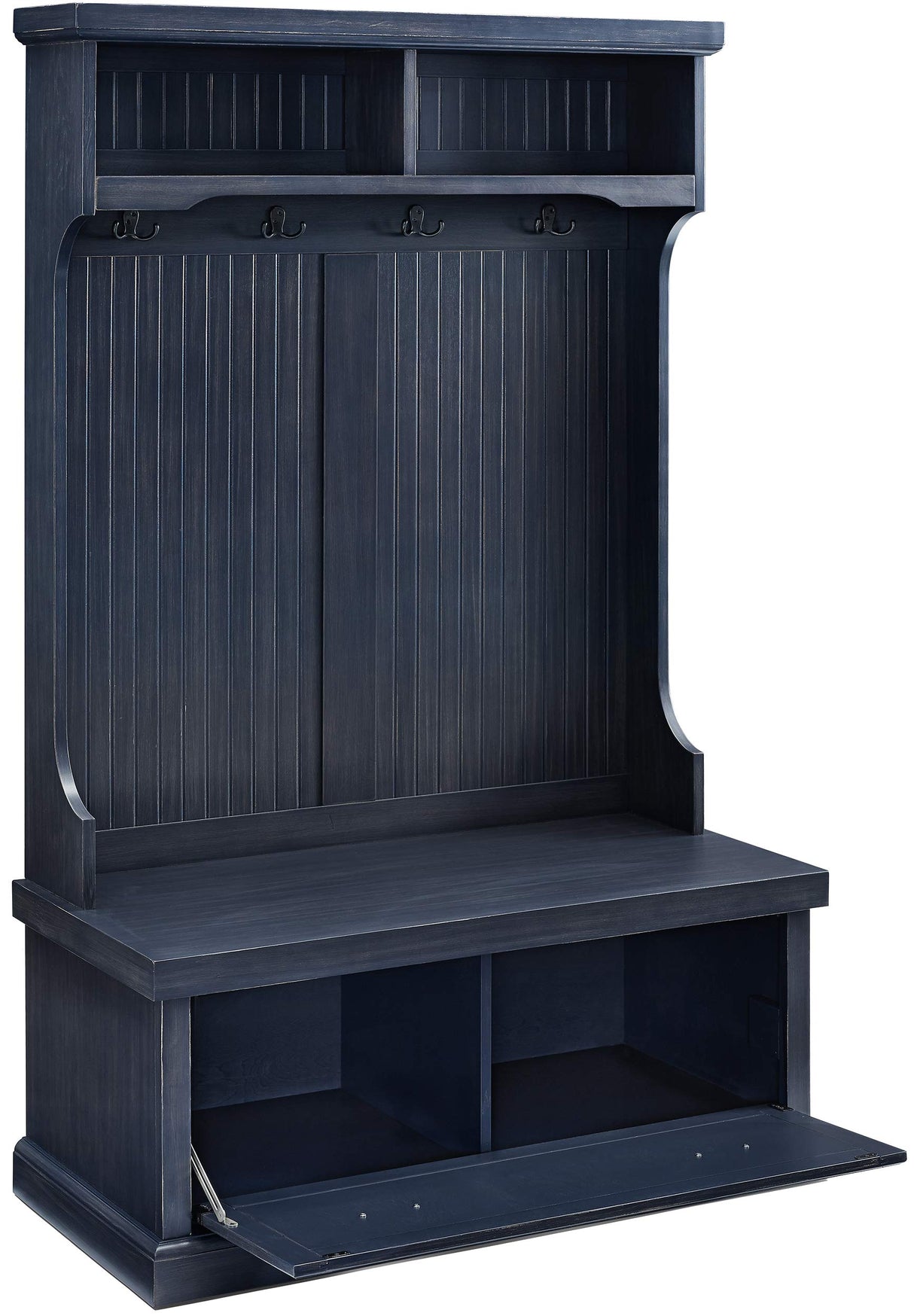 Crosley Furniture Seaside Hall Tree with Shoe Rack Bench and Coat Hooks for Hanging Storage, Distressed Navy Crosley Furniture