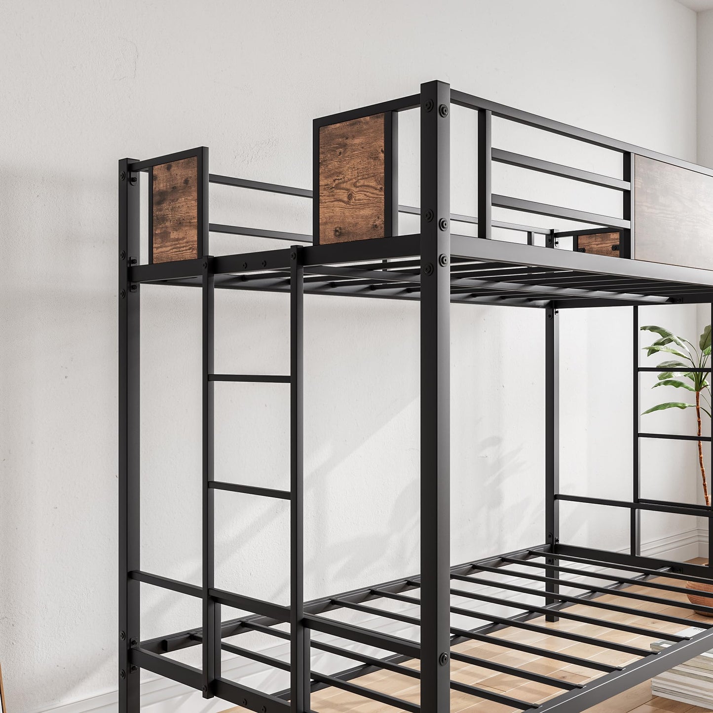 VECOCHO Metal Bunk Bed Twin Over Twin with 2- Side Ladder and Full-Length Guardrail，Space-Saving Design/No Box Spring Needed/Noise Free,Black & Vintage Brown