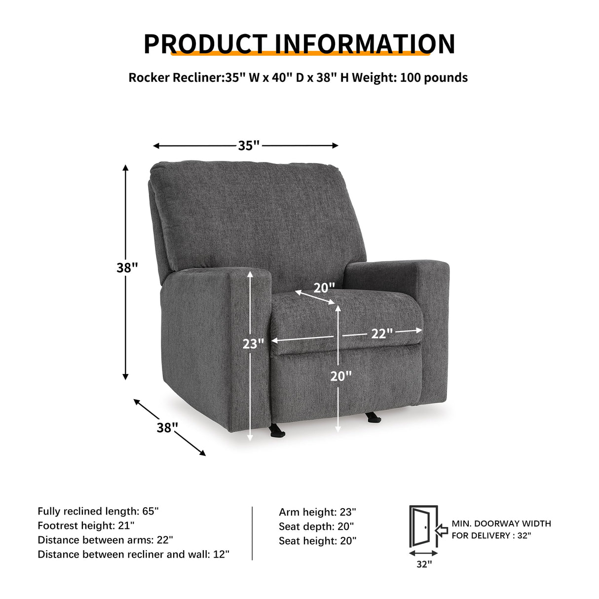Signature Design by Ashley Rannis Casual Manual Rocker Recliner, Gray Signature Design by Ashley