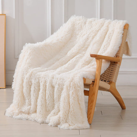 Tuddrom Decorative Extra Soft Fuzzy Faux Fur Throw Blanket 50" x 60",Solid Reversible Long Hair Shaggy Blanket,Fluffy Cozy Plush Comfy Microfiber Fleece Blankets for Couch Sofa Bedroom,Cream White Tuddrom