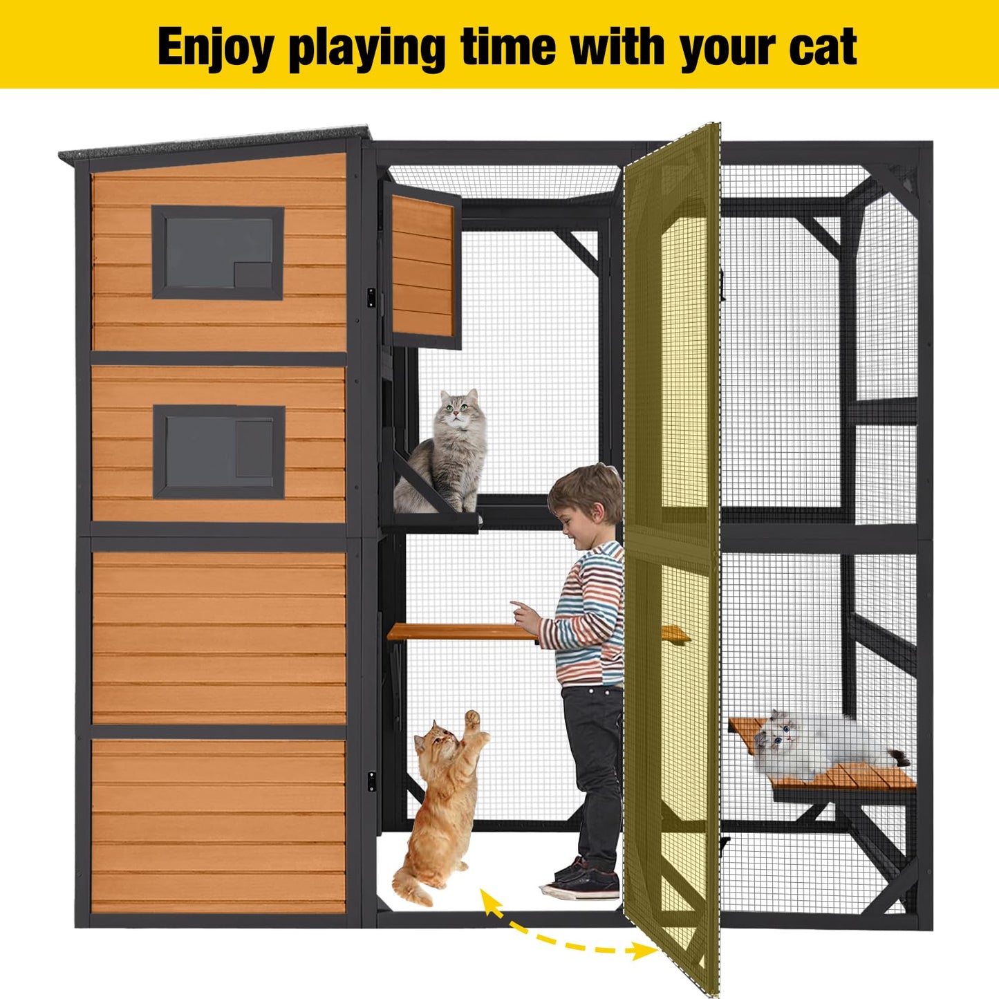 Aivituvin Large Cat Catio 4 Tiers Cat Enclosures House for Outdoor Indoor Cats with Weatherproof Roof, 3 Resting Rooms, 3 Platforms, 5 Windows 70" H 77" L