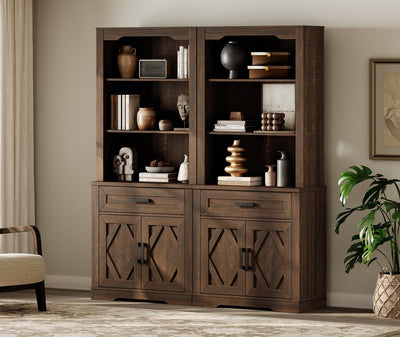 WAMPAT 5-Tier Bookcase with Barn Door Cabinets,73.3" Tall Standing Rustic Bookshelves,63" Wide Modern Farmhouse Display Storage Cabinet with Adjustable Shelves for Home,Office,Rustic Brown