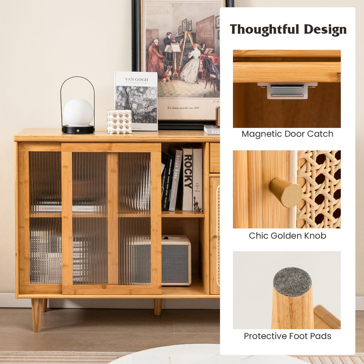 LOKO Buffet Cabinet, Modern Bamboo Sideboard with Tempered Glass Sliding Doors, Rattan Door Home Bar, Boho Coffee Bar Cabinet for Living Room Hallway LOKO