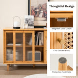 LOKO Buffet Cabinet, Modern Bamboo Sideboard with Tempered Glass Sliding Doors, Rattan Door Home Bar, Boho Coffee Bar Cabinet for Living Room Hallway LOKO